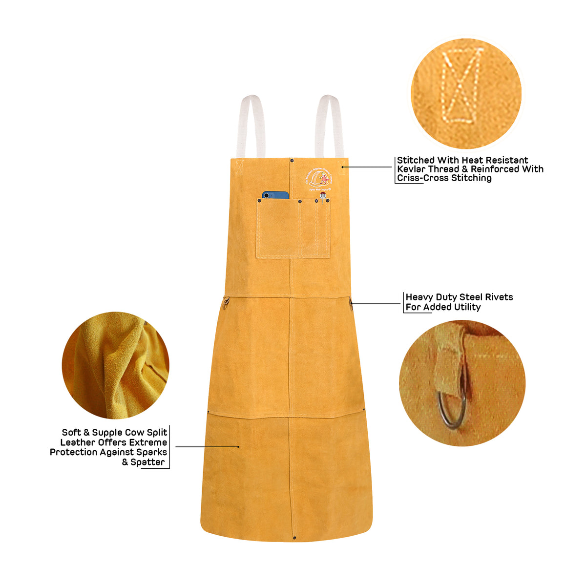 Heat-resistant leather apron with front pockets and Kevlar stitching