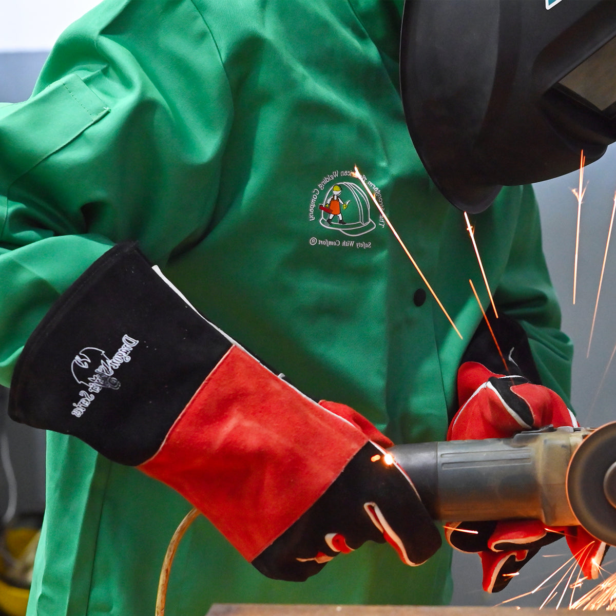 Green Arc-01 welding jacket full body coverage and fit demonstration