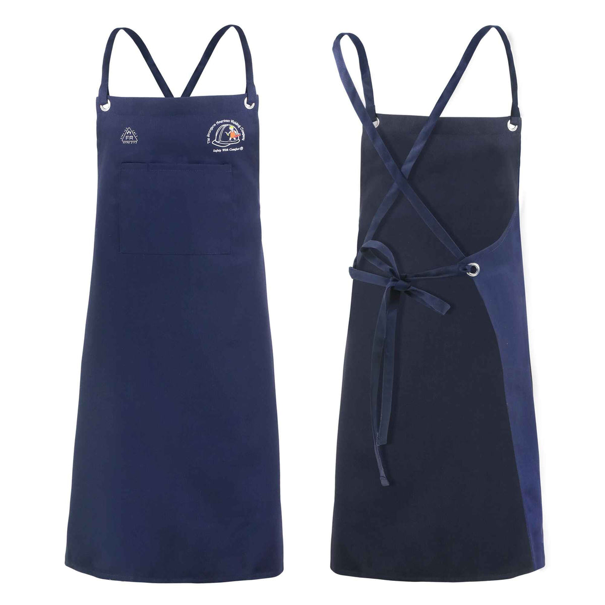 X-Tech BF-1 FR Cotton Blue Welding Apron 36 inch with adjustable cross-back straps and oversized front pockets