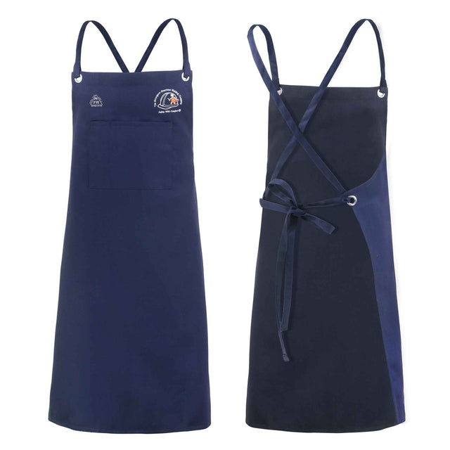 X-Tech BF-1 FR Cotton Blue Welding Apron 36 inch with adjustable cross-back straps and oversized front pockets