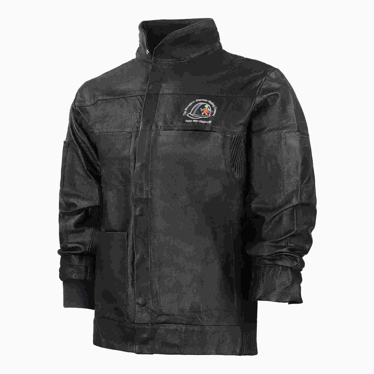 Premium Black Leather Welding Jacket - Front View - FR Cow Grain Leather with Snap Buttons