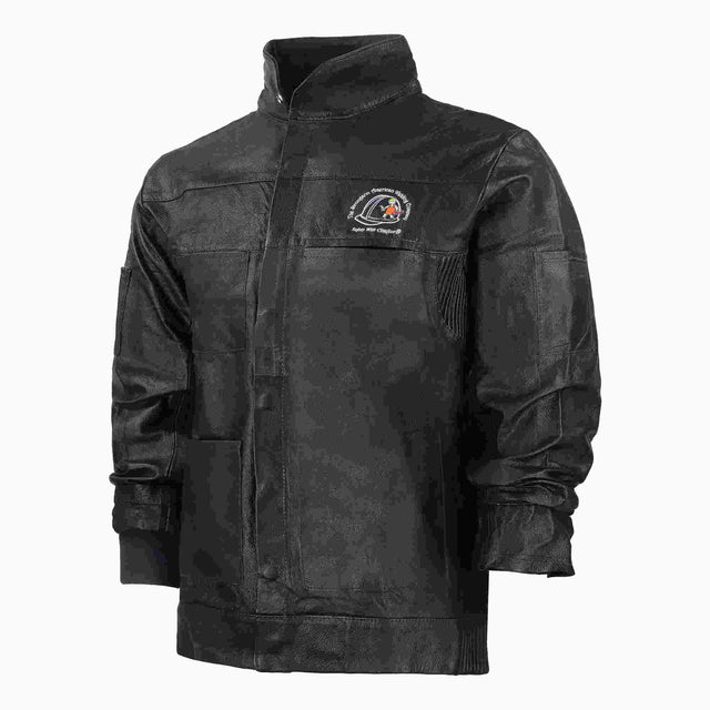 Premium Black Leather Welding Jacket - Front View - FR Cow Grain Leather with Snap Buttons